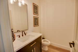 Bathroom featuring vanity, baseboards, wood finished floors, and toilet