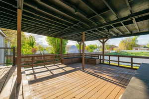 Wooden terrace with a fenced backyard