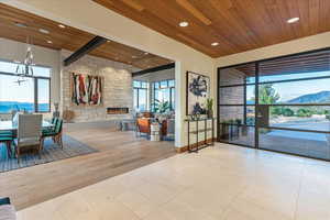 Building lobby with a mountain view