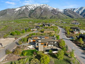 Aerial overview of property's location featuring a mountain backdrop