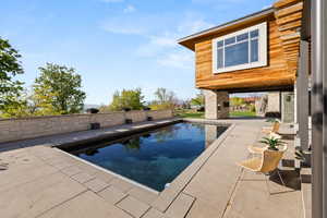 View of pool featuring a patio area and fence