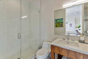 Full bath featuring a shower stall, vanity, and toilet