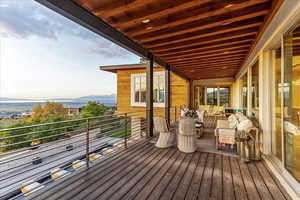 Wooden deck featuring a mountain view