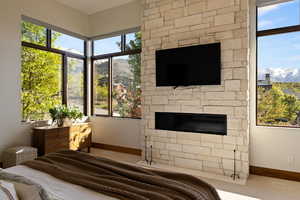 Bedroom with baseboards, multiple windows, and carpet flooring