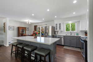 Kitchen with a kitchen island, a breakfast bar area, light countertops, a sink, and stainless steel appliances