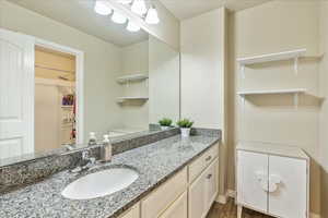 Bathroom featuring baseboards, wood finished floors, and vanity