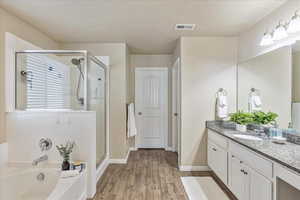 Full bath featuring vanity, wood finished floors, visible vents, a garden tub, and a stall shower