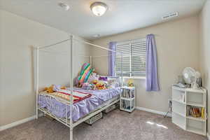 Carpeted bedroom featuring visible vents and baseboards