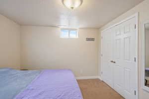 Bedroom featuring baseboards, a textured ceiling, and light colored carpet