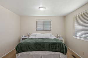 Carpeted bedroom with baseboards and visible vents