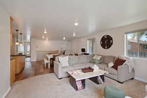 Living room with baseboards, recessed lighting, and wood finished floors