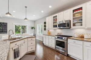 Kitchen featuring backsplash, dark wood finished floors, a sink, stainless steel appliances, and recessed lighting