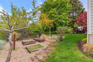 View of yard featuring a wooden deck and a vegetable garden