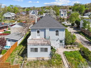 Back of property with a residential view, a shingled roof, and a fenced backyard