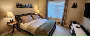 Carpeted bedroom with baseboards