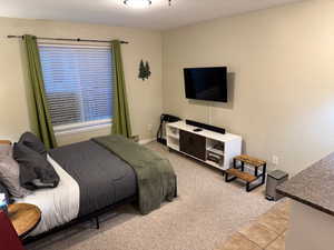 Bedroom featuring light carpet