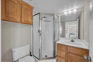 Bathroom featuring vanity, toilet, and a shower stall