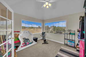 Recreation room featuring plenty of natural light, carpet, ceiling fan, and lofted ceiling