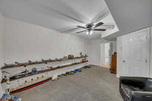 Workout room with carpet floors, baseboards, and a ceiling fan