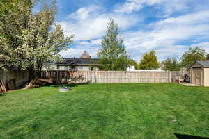 View of yard with a storage shed, an outbuilding, and a fenced backyard