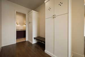 Mudroom with dark wood-type flooring and baseboards