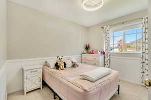 Bedroom featuring wainscoting and light carpet