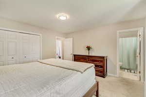 Bedroom featuring carpet floors, connected bathroom, baseboards, and a closet