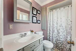Bathroom with crown molding, vanity, toilet, and a shower with shower curtain