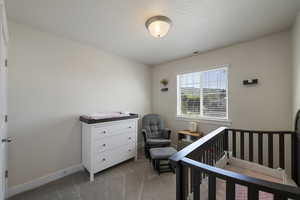 Carpeted bedroom featuring a nursery area, baseboards, and visible vents