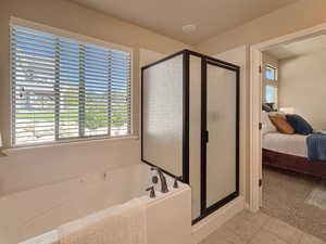 Beautiful primary suite bathroom with soaking tub, shower, and separate water closet.