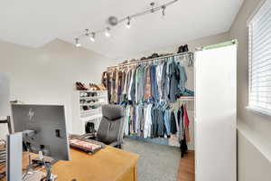 Walk in closet with wood finished floors