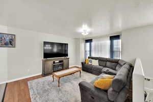 Living room featuring a fireplace, baseboards, a textured ceiling, and wood finished floors