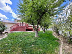 View of yard with stairway and a deck
