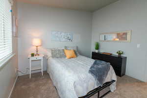 Bedroom with carpet floors and baseboards