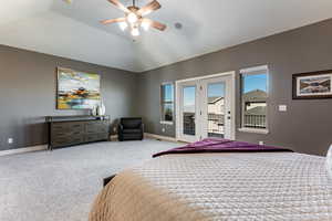 Bedroom with carpet floors, access to outside, baseboards, and ceiling fan