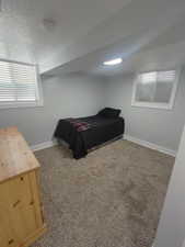 Bedroom with baseboards, carpet flooring, and a textured ceiling