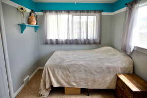 Carpeted bedroom with baseboards and visible vents