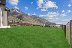 View of yard with a fenced backyard and a mountain view