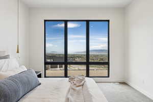 Carpeted bedroom with baseboards, a mountain view, and visible vents
