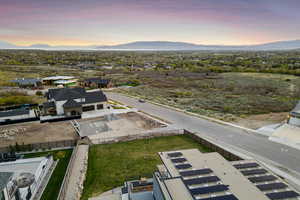 Aerial view at dusk with a mountain view