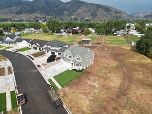 Aerial view of residential area featuring a mountain backdrop
