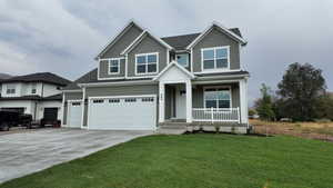Craftsman house featuring driveway, covered porch, a front lawn, a garage, and roof with shingles