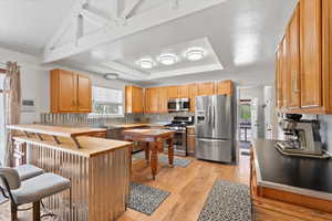 Kitchen featuring decorative backsplash, light wood finished floors, stainless steel appliances, and a peninsula