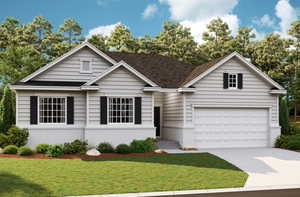 Single story home featuring roof with shingles, concrete driveway, a front lawn, and brick siding