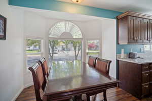 Dining area featuring dark wood-style flooring, plenty of natural light, and baseboards