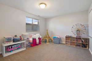 Rec room with visible vents, carpet flooring, and baseboards
