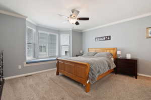 Bedroom featuring carpet floors, visible vents, baseboards, and ornamental molding