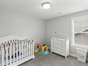 Bedroom featuring carpet flooring, a nursery area, baseboards, and multiple windows