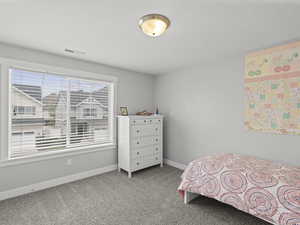 Bedroom featuring carpet floors, baseboards, and visible vents