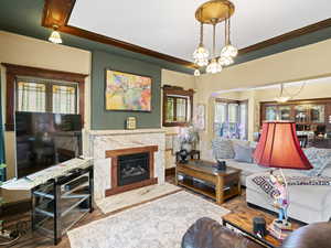 Living room featuring crown molding, a high end fireplace, wood finished floors, and a wealth of natural light